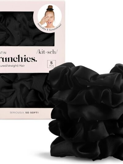 Kitsch Satin Scrunchies for Women – No Crease Hair Ties – Soft Satin Hair Scrunchies for Girls – Frizz Free, Gentle, Stylish Hair Accessories | Ideal Gifts for Women – Black, 5 pcs