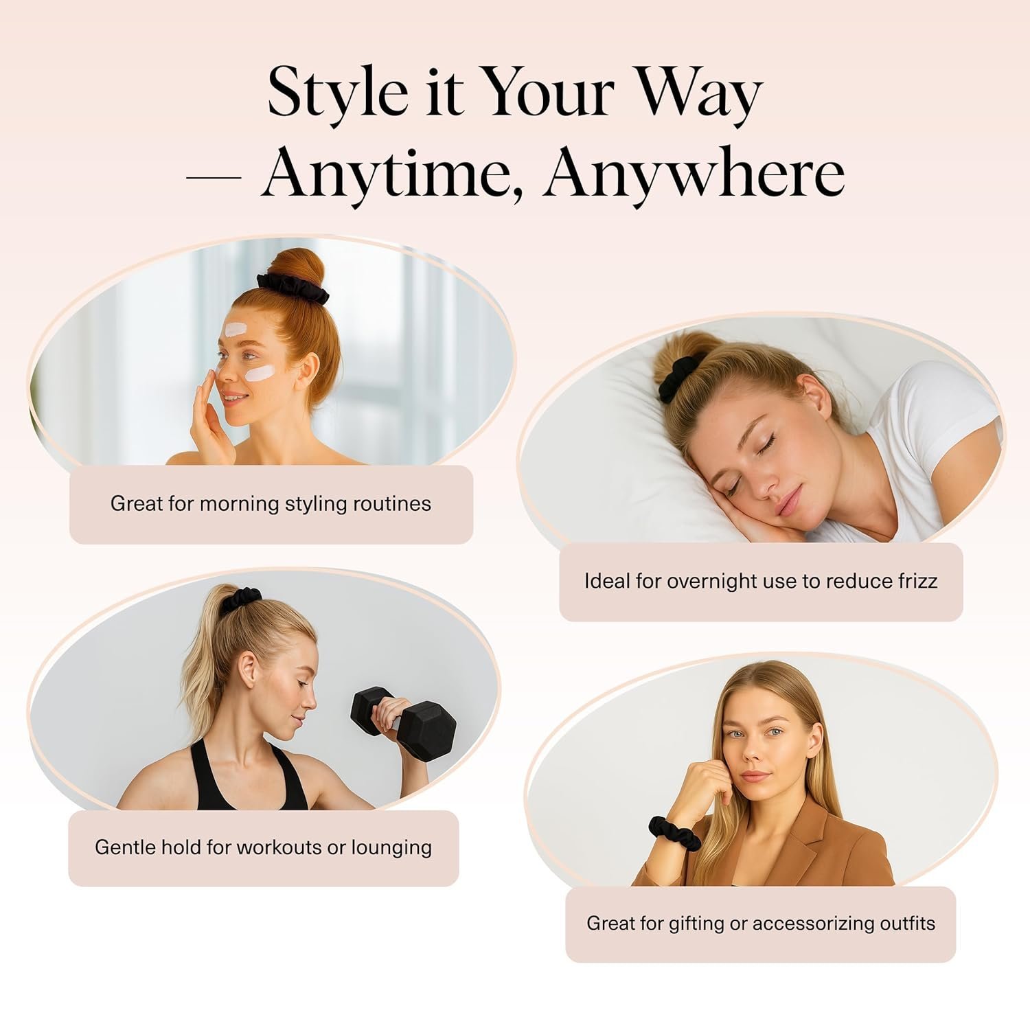 Kitsch Satin Scrunchies for Women – No Crease Hair Ties – Soft Satin Hair Scrunchies for Girls – Frizz Free, Gentle, Stylish Hair Accessories | Ideal Gifts for Women – Black, 5 pcs - Image 5