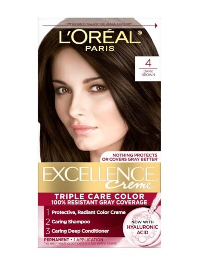 L'Oreal Paris Excellence Crème Permanent Hair Dye, Triple Care Hair Color with Hyaluronic Acid for 100% Gray Coverage, 4 Dark Brown, 1 Kit (Packaging May Vary)