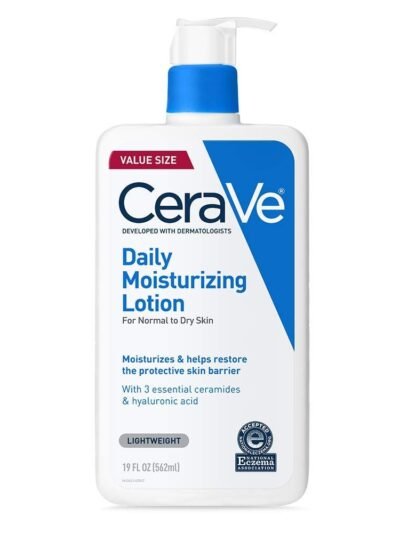 CeraVe Daily Moisturizing Lotion for Dry Skin, Body Lotion & Face Moisturizer with Hyaluronic Acid and Ceramides, Daily Moisturizer, Fragrance Free, Oil-Free, 19 Ounce