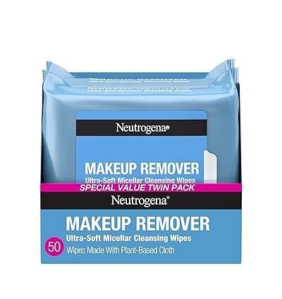 Neutrogena Makeup Remover Wipes Micellar Alcohol-Free Face Towelettes Remove Waterproof Mascara & Oil, Compostable 100% Plant-Based Cloth, Dermatologist & Ophthalmologist Tested, Twin Pack 2 x 25 ct