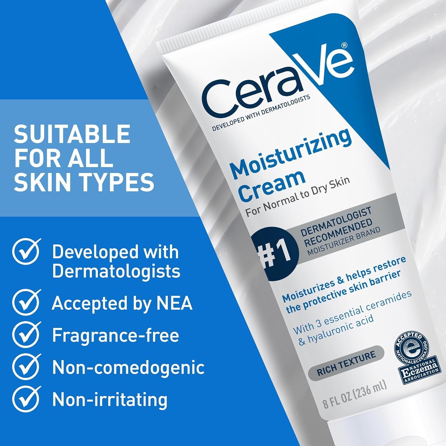 CeraVe Moisturizing Cream, Body and Face Moisturizer for Dry Skin, Body Cream with Hyaluronic Acid and Ceramides, Daily Moisturizer, Oil-Free, Fragrance Free, Non-Comedogenic, 19 Ounce - Image 4