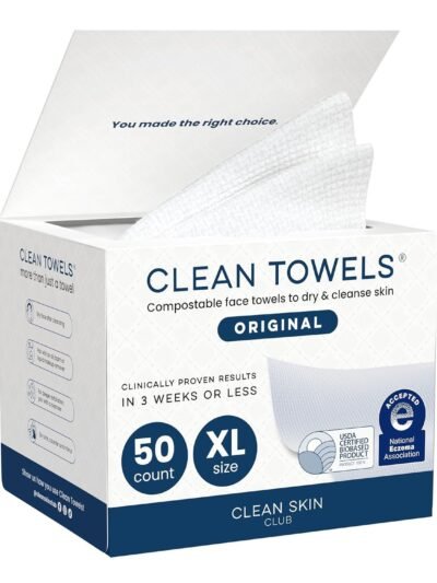 Clean Skin Club Clean Towels XL®, 100% USDA Biobased Face Towel, Disposable Face Towelette, Eczema Association Accepted, Makeup Remover Dry Wipes, Ultra Soft, 1 Pack, 50 Ct