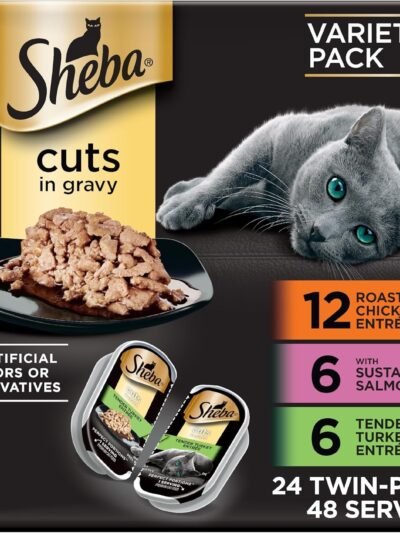 Sheba Perfect Portions Wet Cat Food Cuts in Gravy, Cat Food Wet Recipe, Roasted Chicken Entree, with Sustainable Salmon, Tender Turkey Entree, 2.6 oz. Twin-Pack Trays (24 Count, 48 Servings)