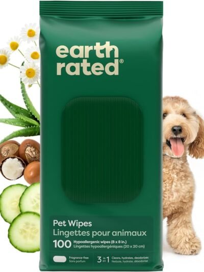 Earth Rated Pet Wipes for Dogs and Cats, Hypoallergenic, Cleaning and Hydrating, for Grooming Paws, Body and Butt, Unscented, 100 Count