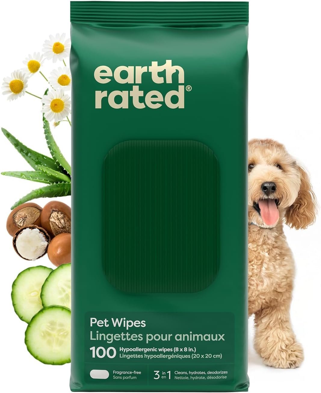 Earth Rated Pet Wipes for Dogs and Cats, Hypoallergenic, Cleaning and Hydrating, for Grooming Paws, Body and Butt, Unscented, 100 Count