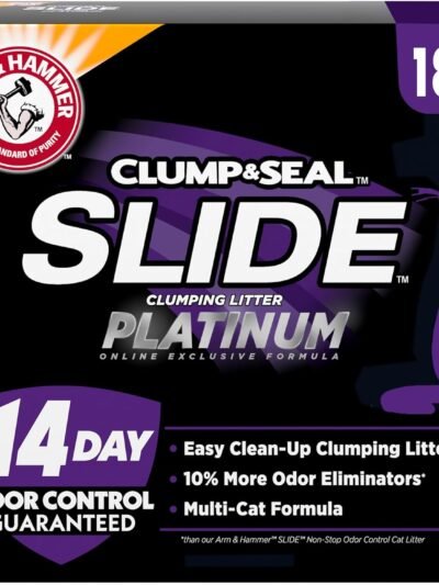 ARM & HAMMER Clump & Seal SLIDE Platinum Multi-Cat Clumping Cat Litter, 14-Day Odor Control, EZ Clean Technology, 18 lbs – No Scrubbing, Powerful Odor Eliminator