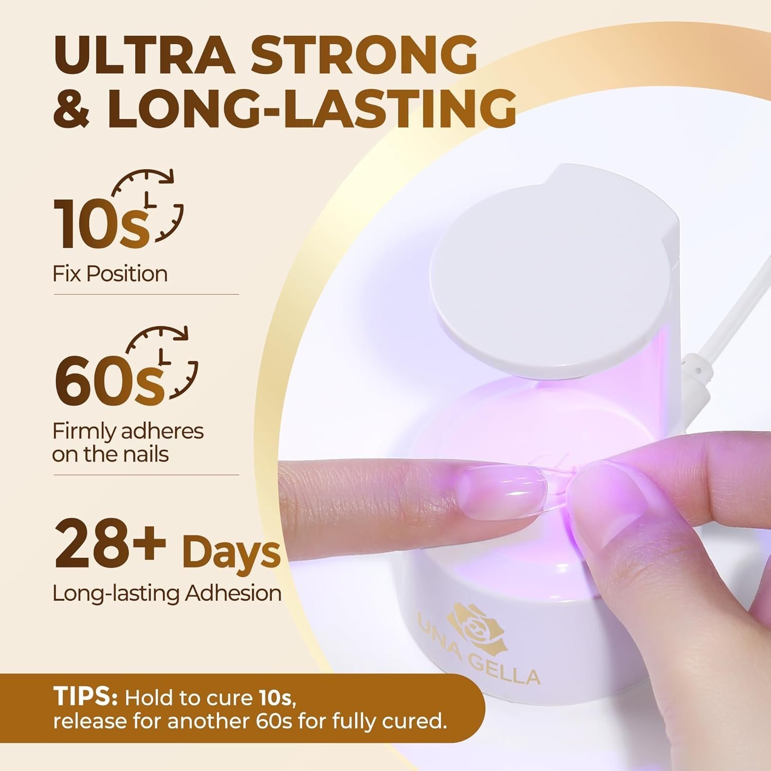 UNA GELLA 9 in 1 Gel Nail Glue U V Light Super Hold for Gel Nails Tips, 10 ml Brush On Nail Glue for Light-Color Press On Nails, Rhinestones, Base Coat, Blooming Art, Acrylic Tips Lamp Needed - Image 2