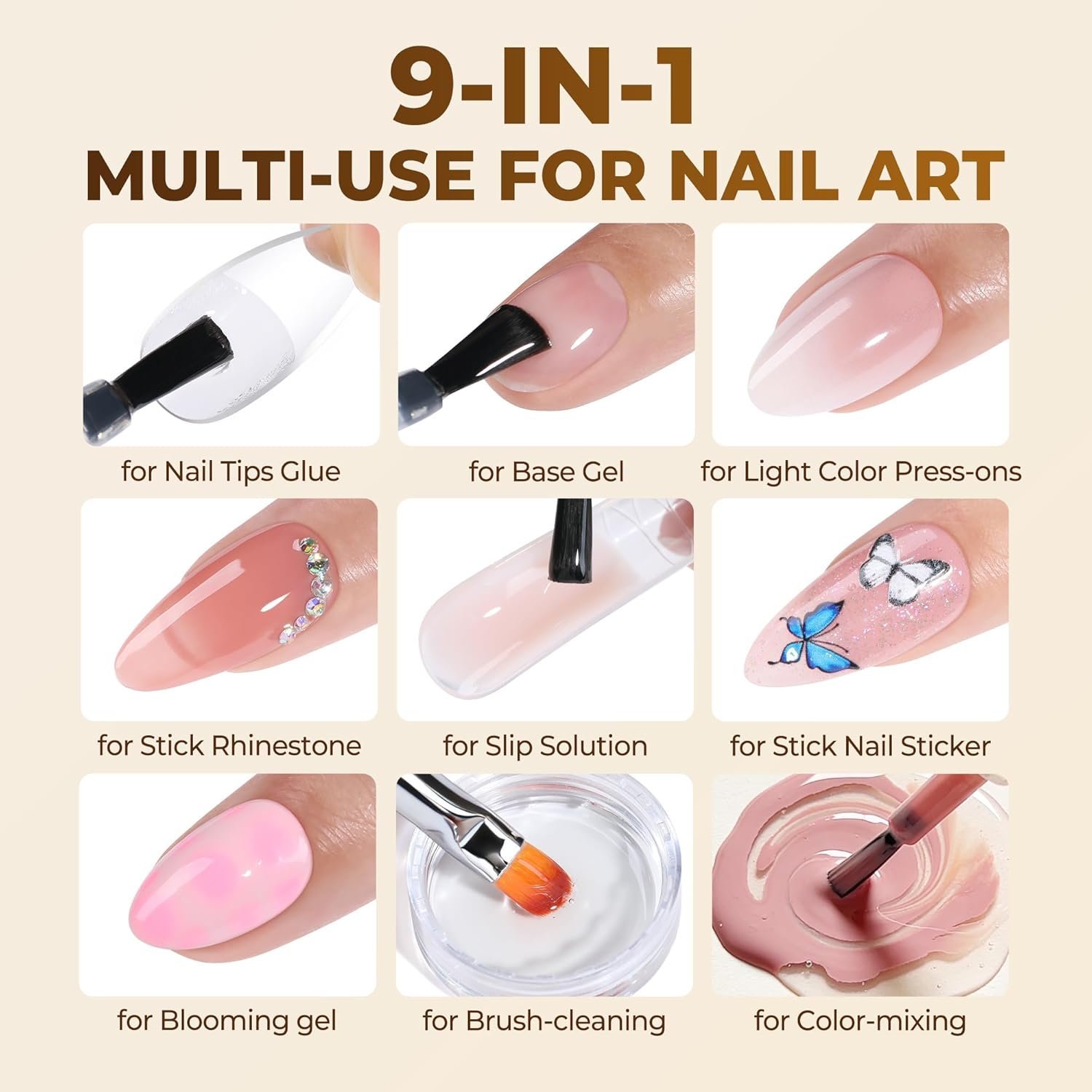 UNA GELLA 9 in 1 Gel Nail Glue U V Light Super Hold for Gel Nails Tips, 10 ml Brush On Nail Glue for Light-Color Press On Nails, Rhinestones, Base Coat, Blooming Art, Acrylic Tips Lamp Needed - Image 5