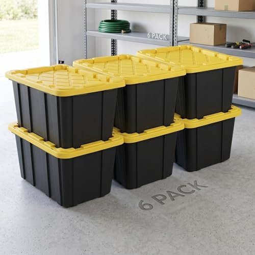 6 Pack 27 Gallon Heavy Duty Storage Bins with Snap Lids, Durable Plastic Storage Totes with Stackable Black Containers & Yellow Latching Covers for Home Garage Moving Organization