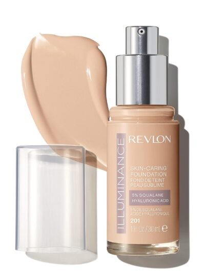 Revlon Illuminance Skin-Caring Liquid Foundation, Hyaluronic Acid, Hydrating and Nourishing Formula with Medium Coverage, 201 Creamy Natural, 1 fl oz