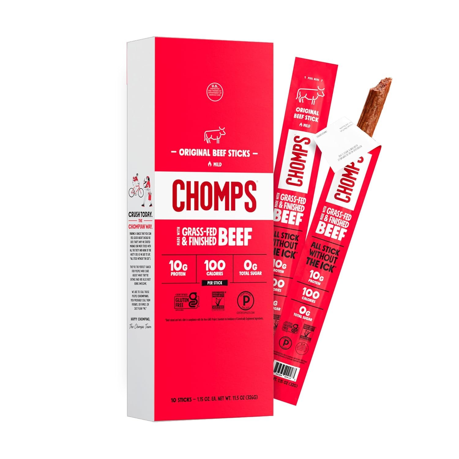 Chomps Original Beef, Grass-Fed & Finished, 10ct, Protein Snack Stick