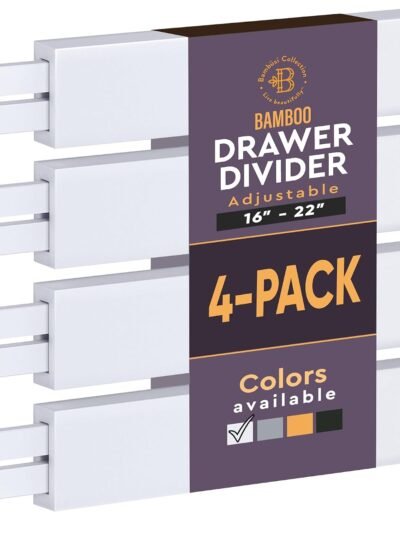 4-Pack Drawer Divider - 2.6" High, 16" to 22" Adjustable Bamboo Drawer Organizers for Clothes, Expandable Dresser Separators in Bedroom/Bathroom/Kitchen/Office Organization and Storage (White)