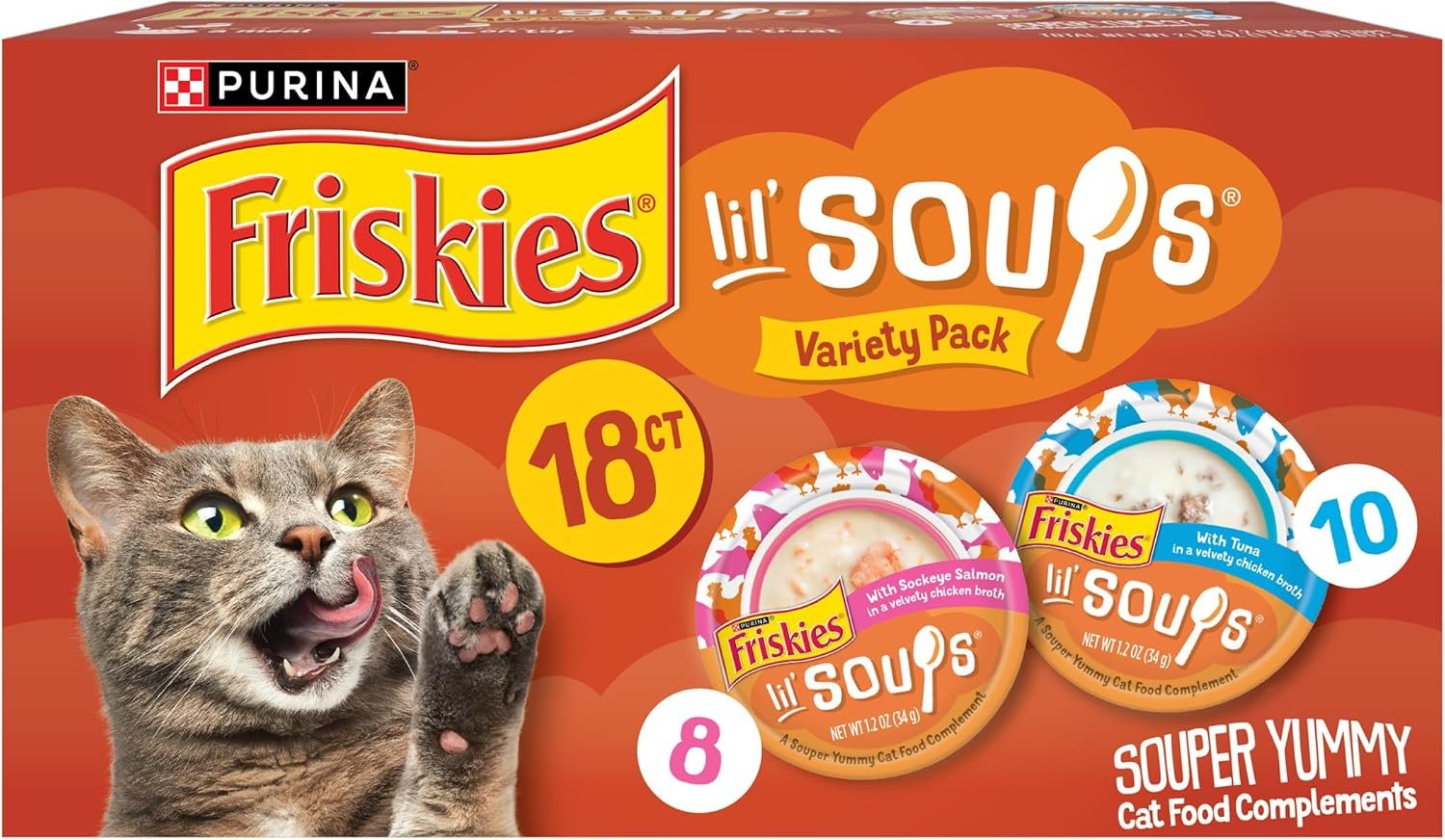 Purina Friskies Grain Free Wet Cat Food Complement Variety Pack, Lil' Soups With Sockeye Salmon & Tuna in Broth - (18) 1.2 oz. Cups