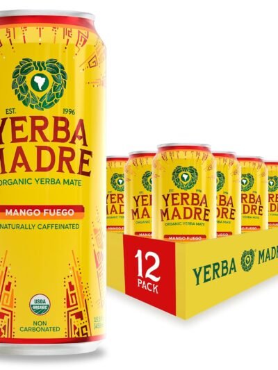Yerba Madre Organic Yerba Mate, Energy Drink Alternative, Limited Edition Mango Fuego, 150mg Plant Based Caffeine, Smooth Energy & Focus, No Jitters or Crash, 15.5oz Cans (Pack of 12)